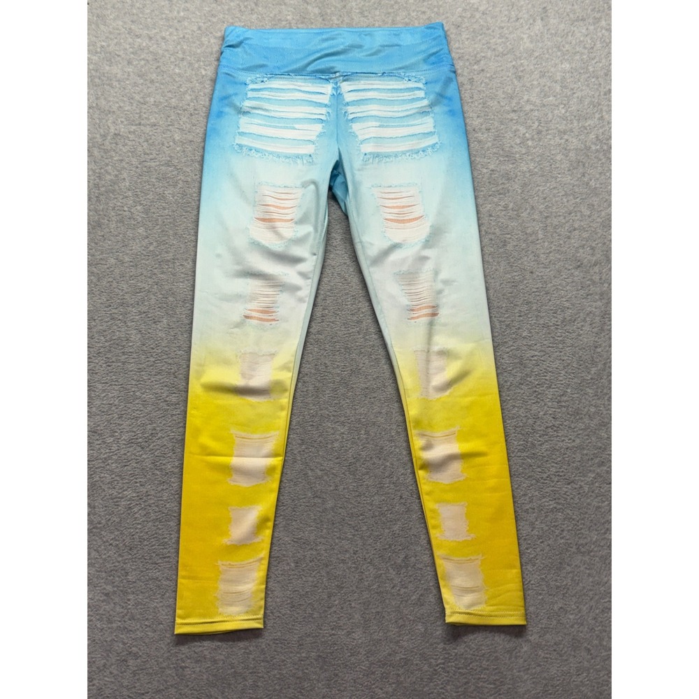 Blue Yellow Ombre Distressed Print Leggings Faux Ripped Denim Graphic Size L